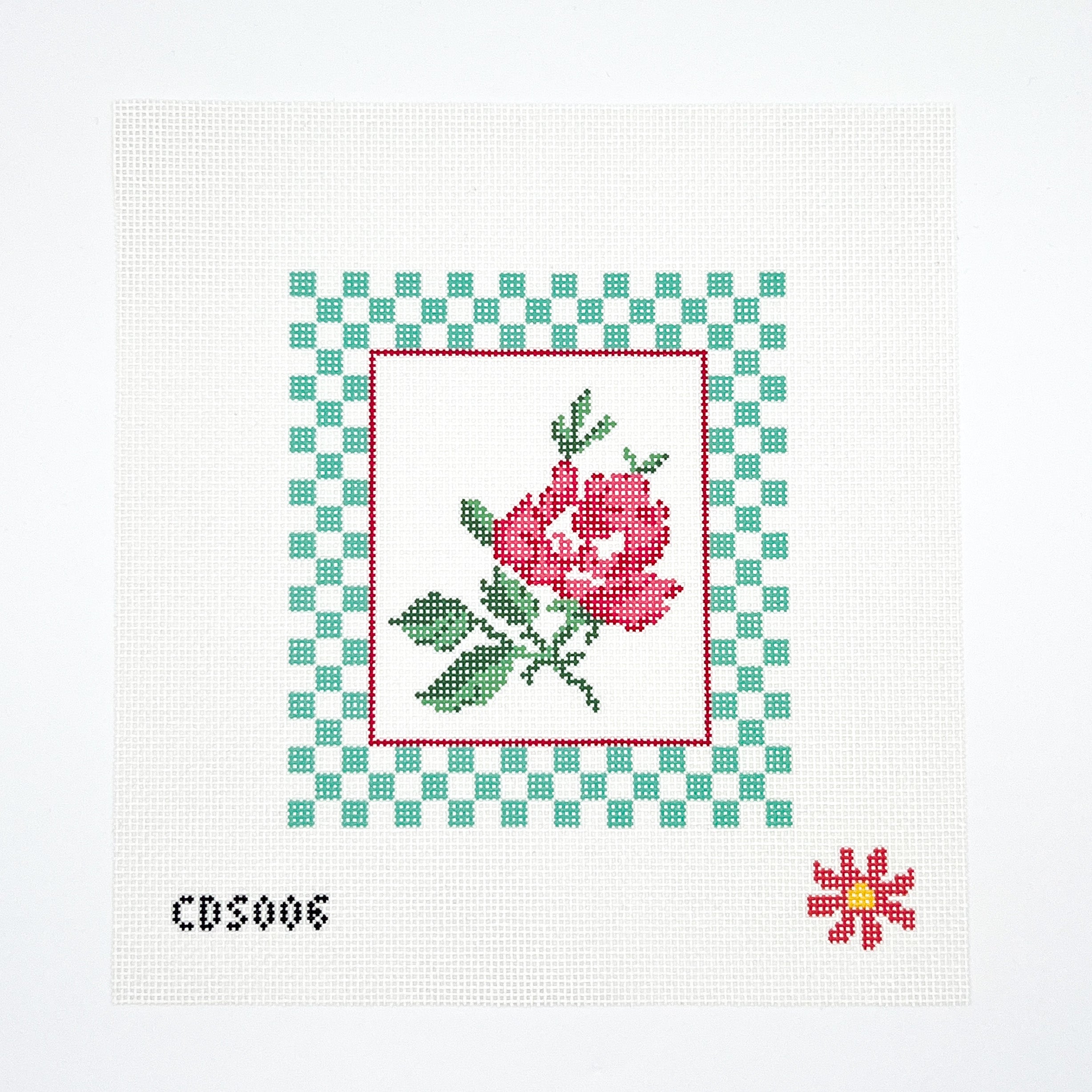 Coral Rose with Checks Needlepoint Canvas
