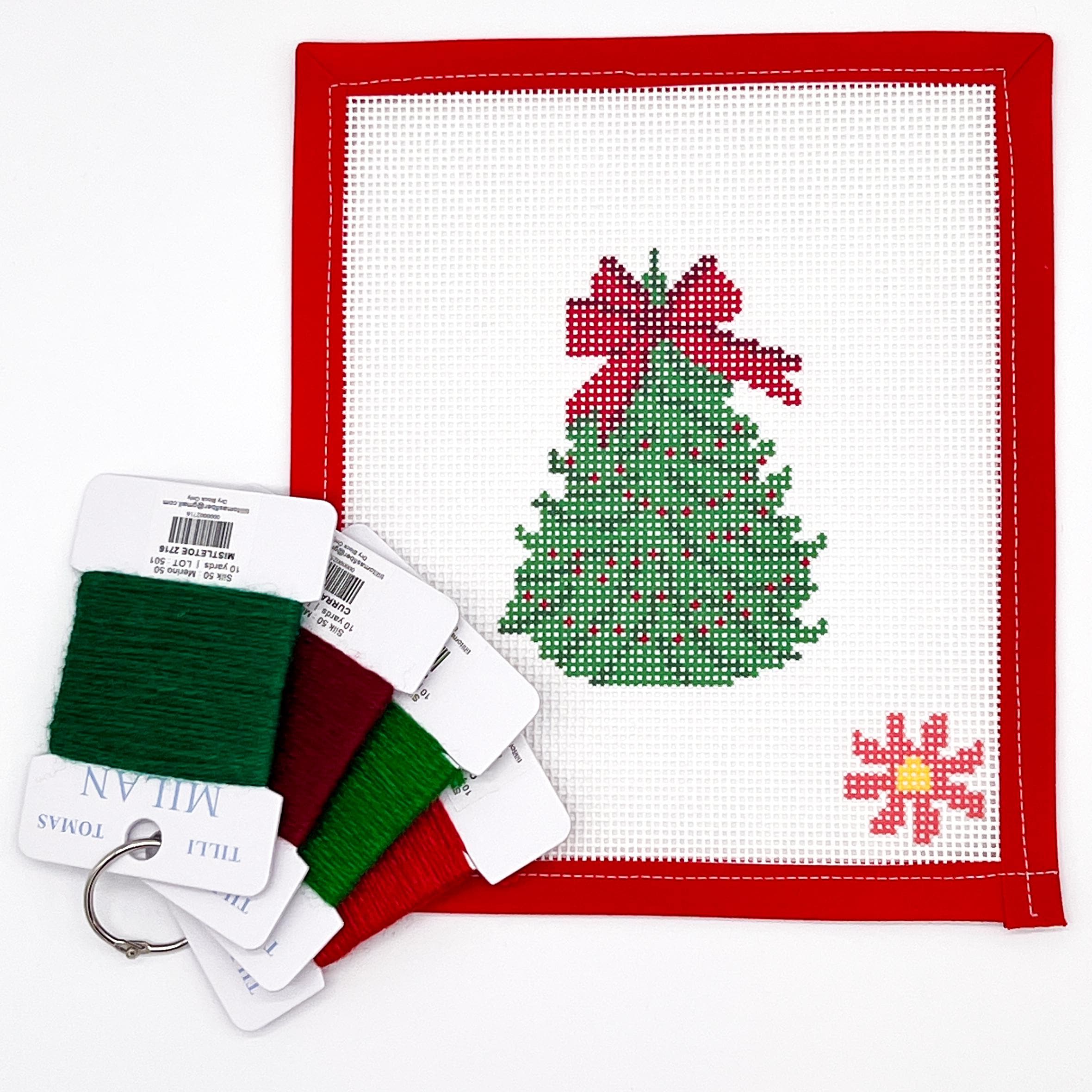 Red & Green Bow Christmas Tree Beginner Needlepoint Canvas Kit - All supplies you need!