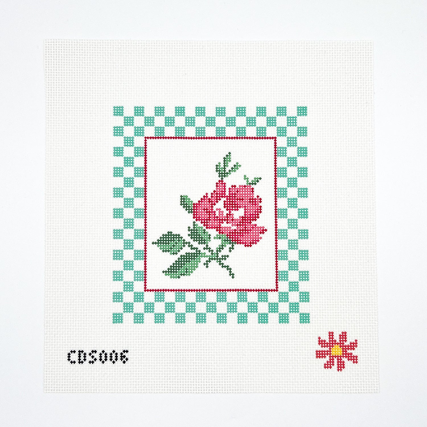Coral Rose with Checks Needlepoint Canvas