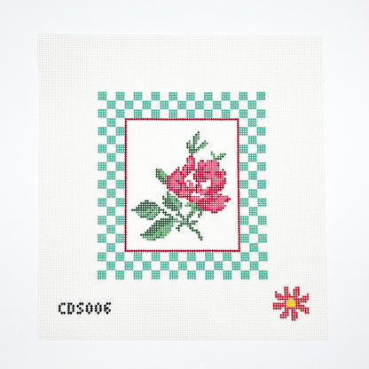 Coral Rose with Checks Needlepoint Canvas