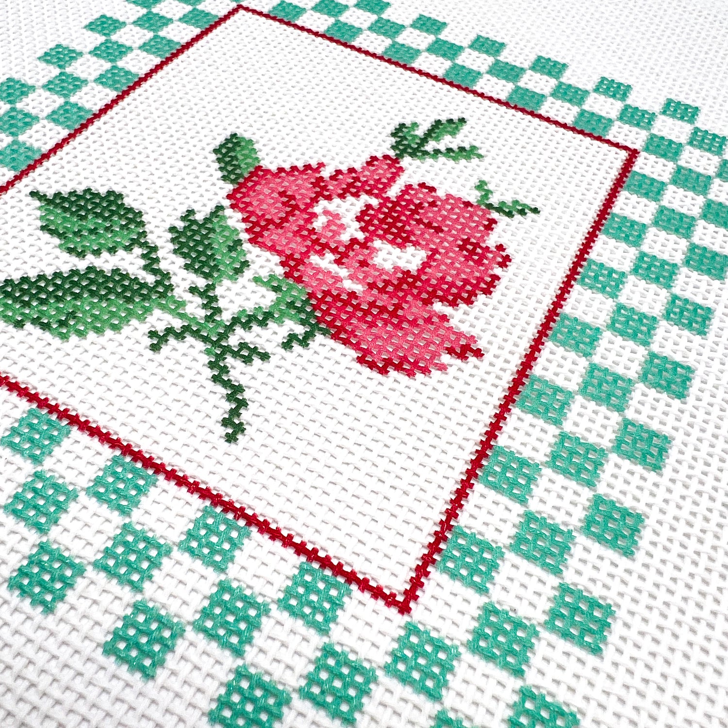 Coral Rose with Checks Needlepoint Canvas