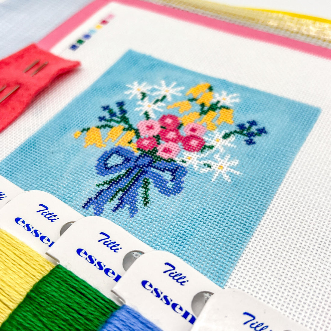 Sweet Blue Bouquet Floral Needlepoint Canvas &amp; Kit with Stitch Guide - Handpainted - Stitchpainted