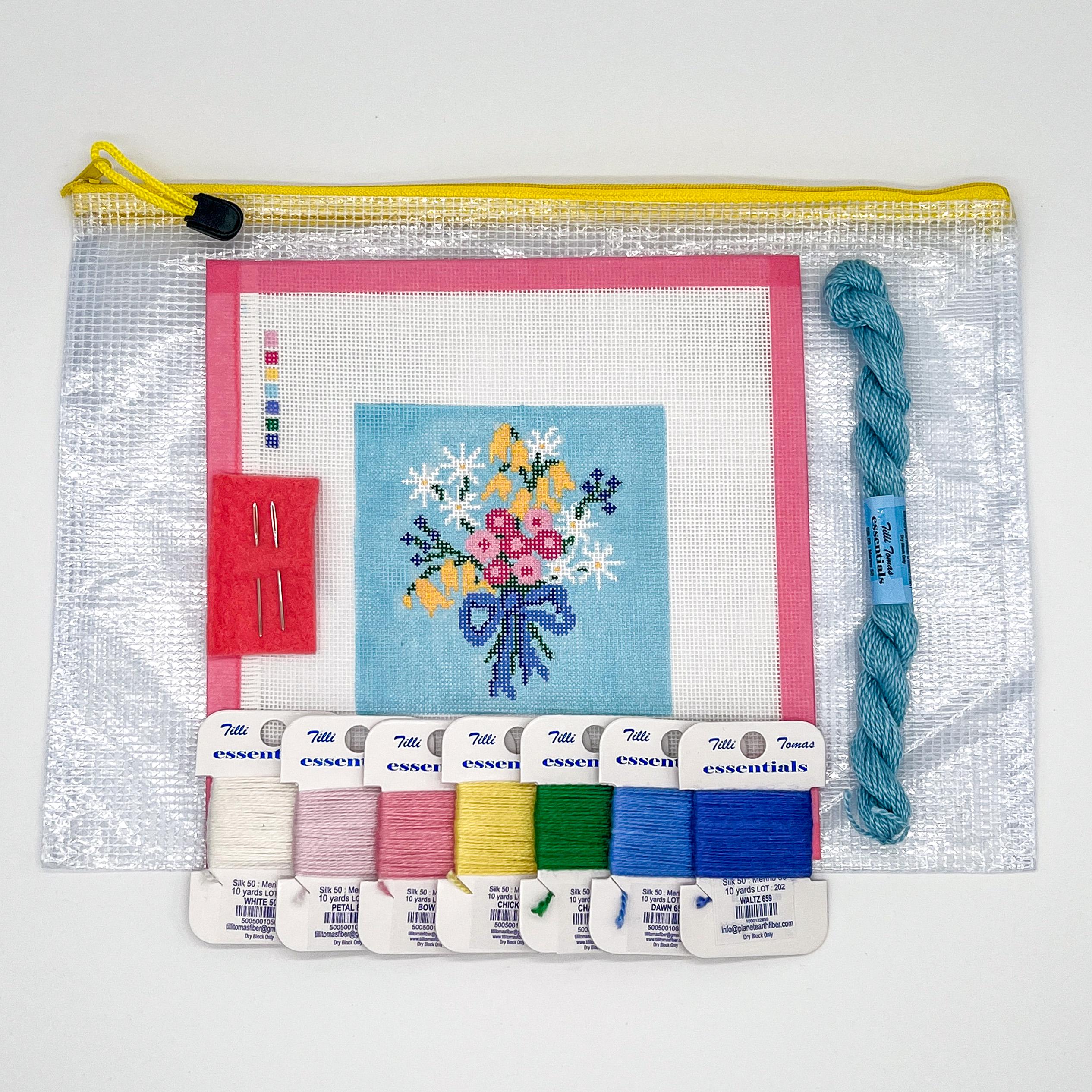 Sweet Blue Bouquet Floral Needlepoint Canvas &amp; Kit with Stitch Guide - Handpainted - Stitchpainted