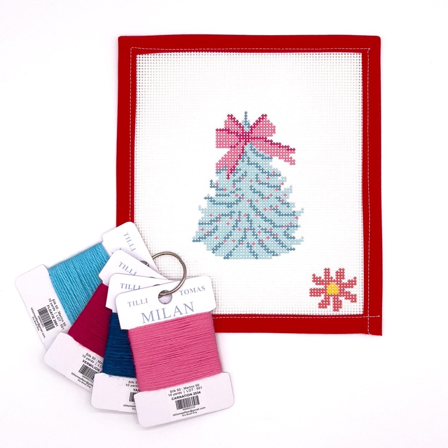 Aqua &amp; Pink Christmas Tree  Beginner Needlepoint Canvas Kit - All supplies you need!
