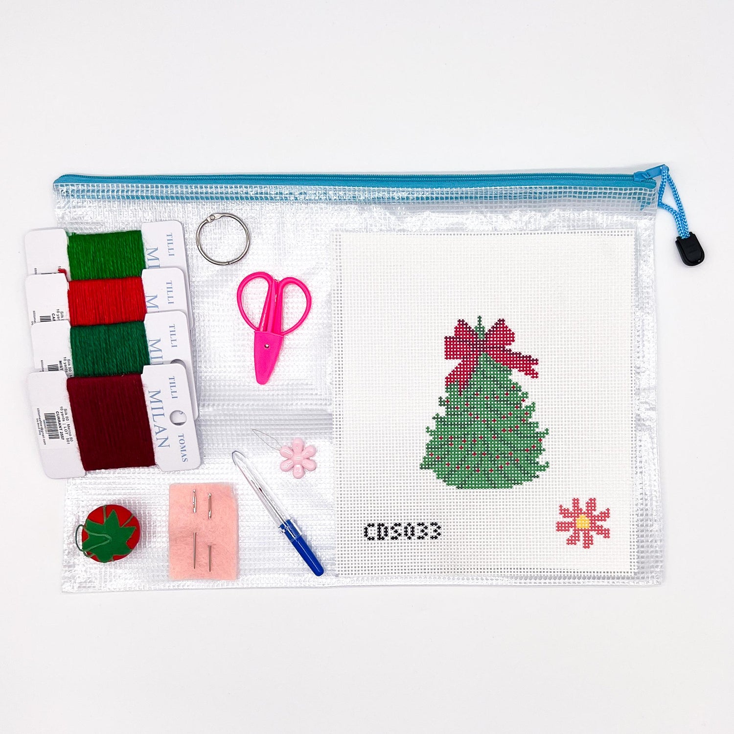 Red &amp; Green Bow Christmas Tree  Beginner Needlepoint Canvas Kit - All supplies you need!