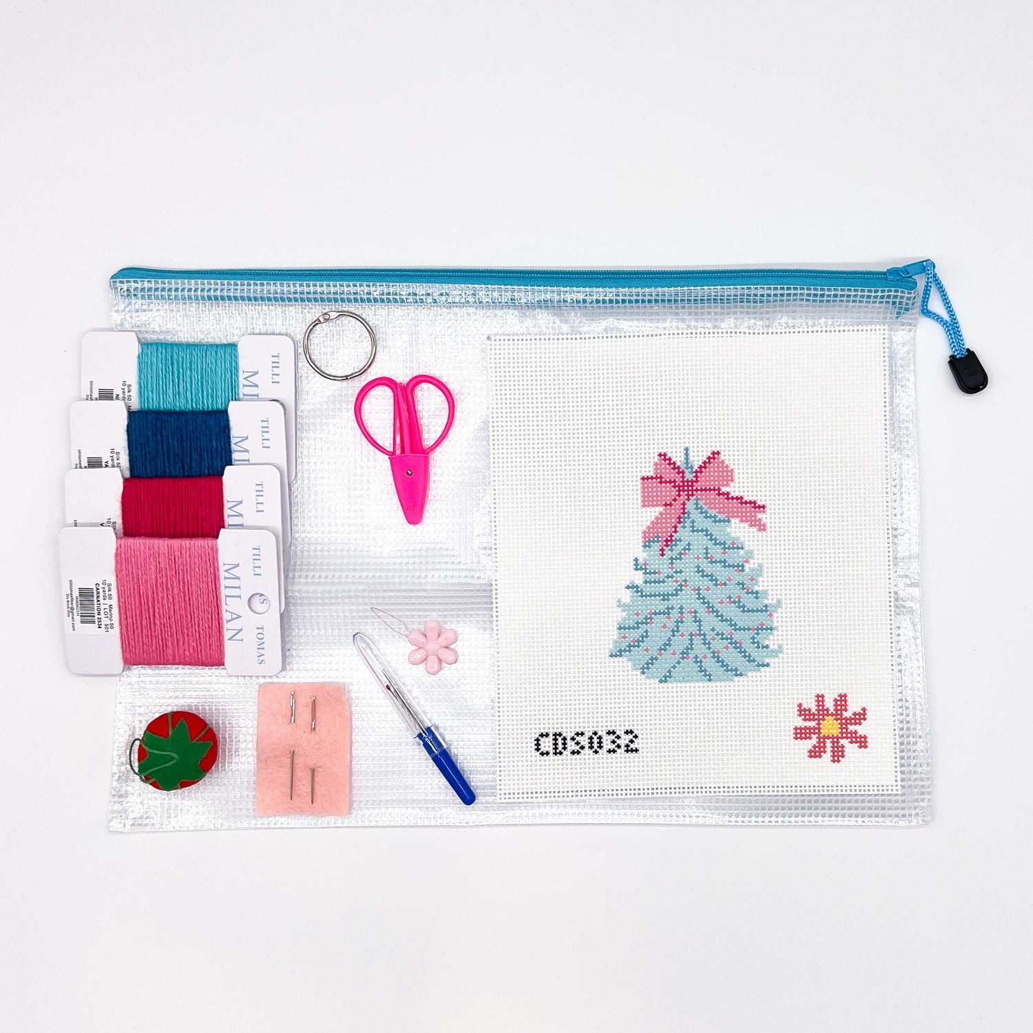 Aqua &amp; Pink Christmas Tree  Beginner Needlepoint Canvas Kit - All supplies you need!