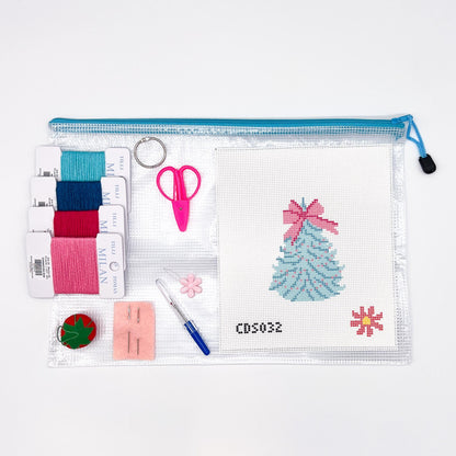 Aqua &amp; Pink Christmas Tree  Beginner Needlepoint Canvas Kit - All supplies you need!